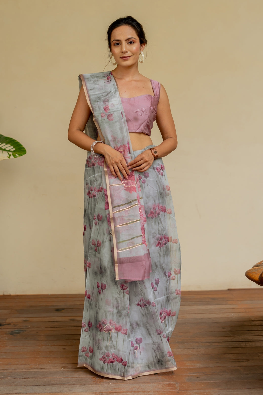 Floral Print With Golden Gota Work Organza Saree