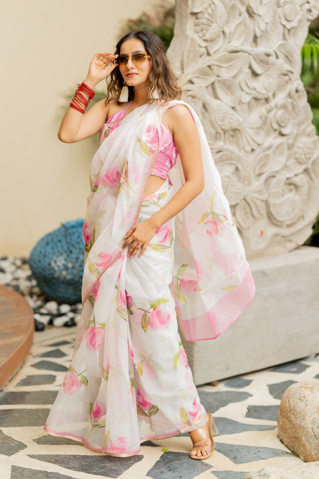 Floral Print With Golden Gota Work Organza Saree