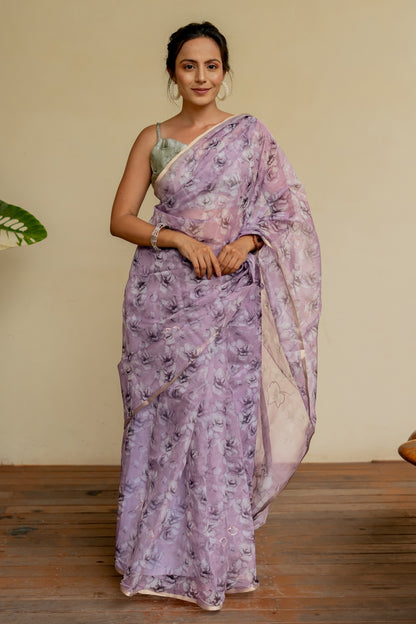 Floral Print With Golden Gota Work Organza Saree