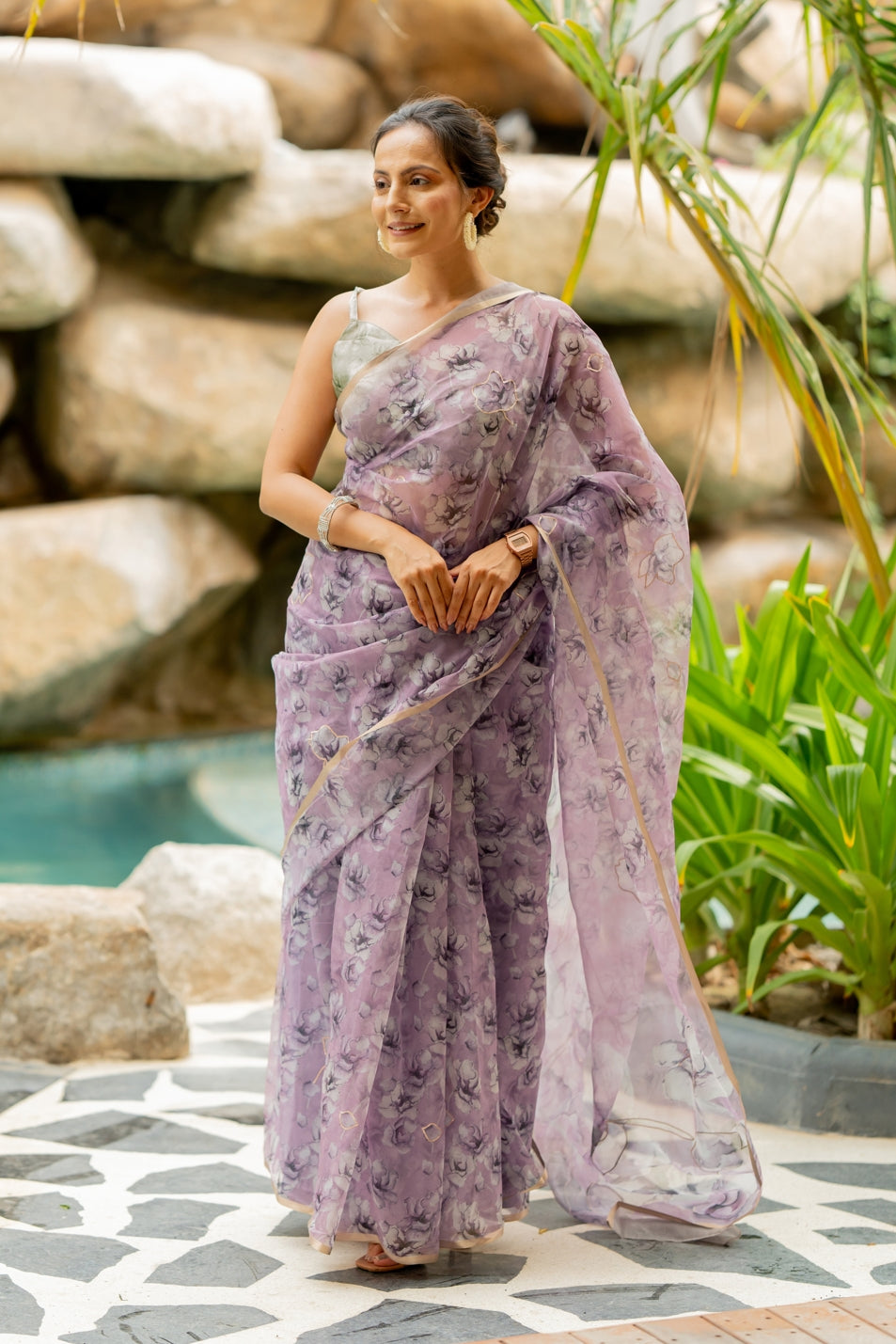 Floral Print With Golden Gota Work Organza Saree