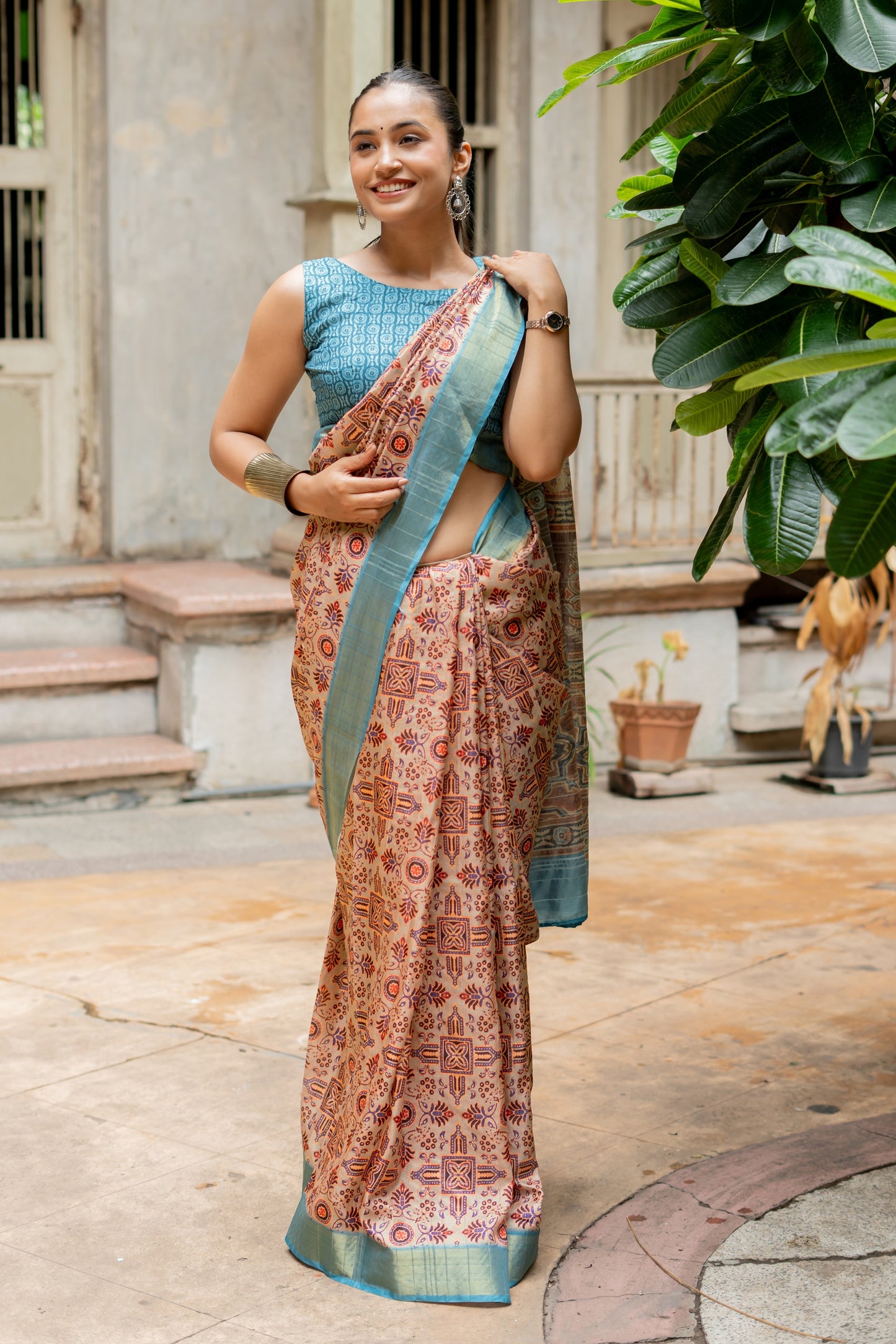 Elegant Ajrakh Print Silk Blend Saree with Unstitched Blouse