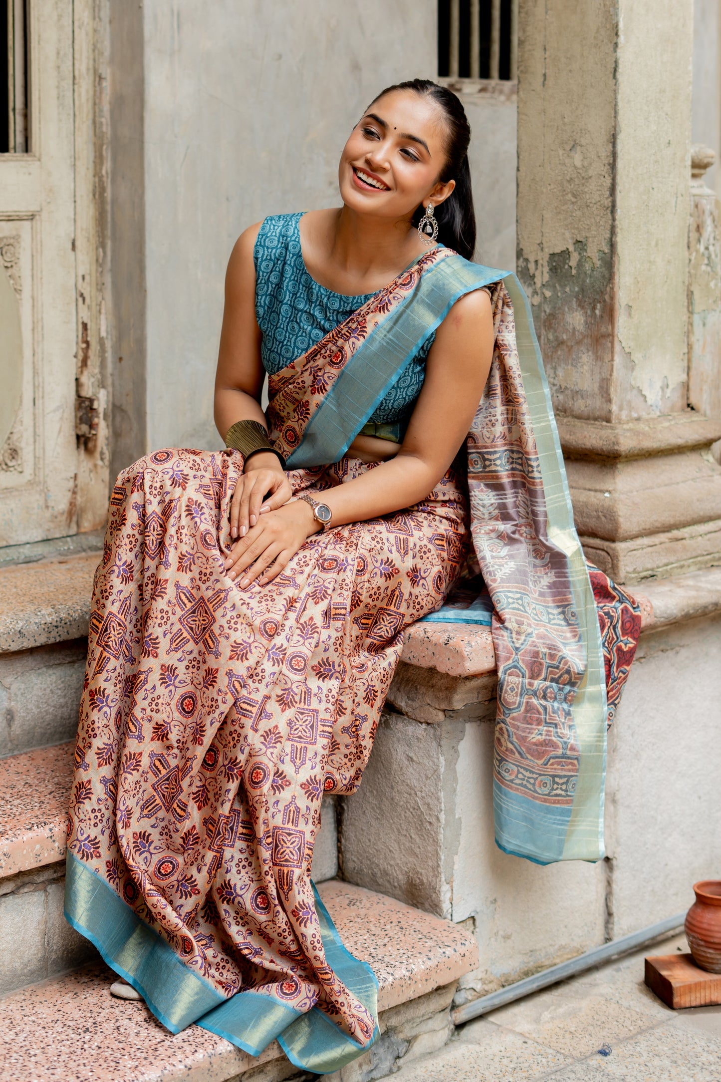 Elegant Ajrakh Print Silk Blend Saree with Unstitched Blouse