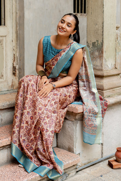 Elegant Ajrakh Print Silk Blend Saree with Unstitched Blouse