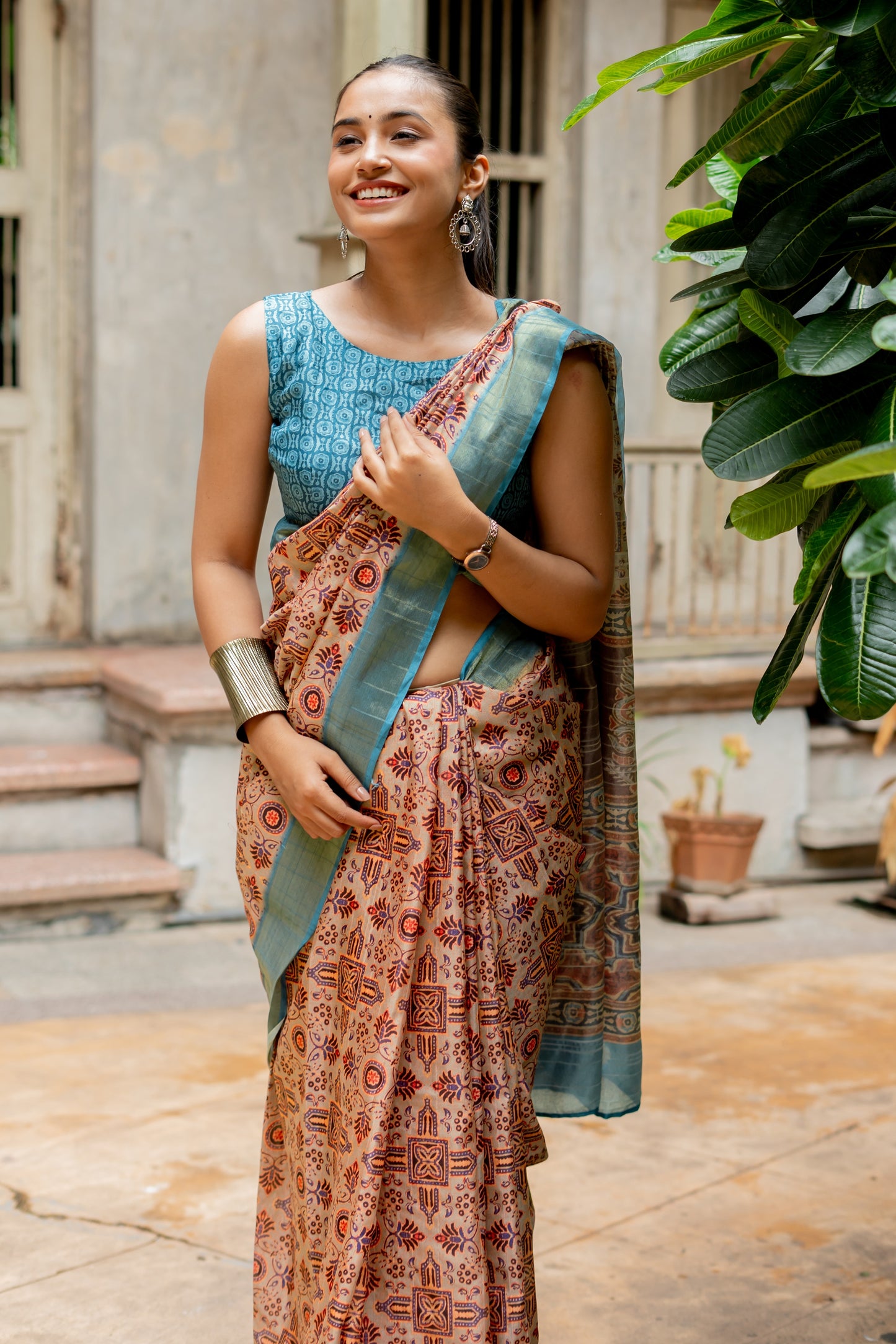 Elegant Ajrakh Print Silk Blend Saree with Unstitched Blouse