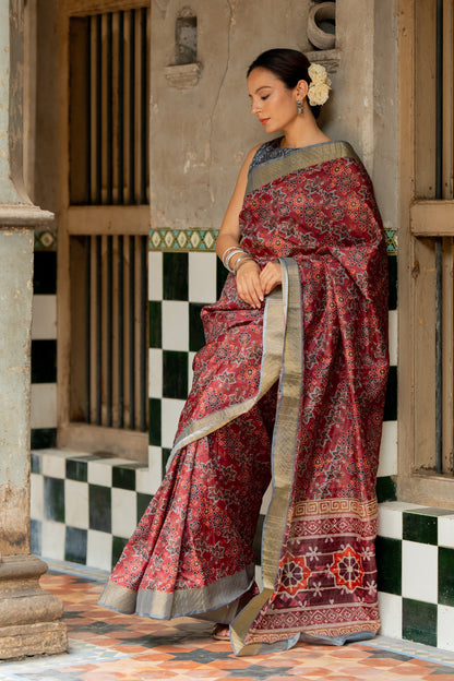 Elegant Ajrakh Print Silk Blend Saree with Unstitched Blouse