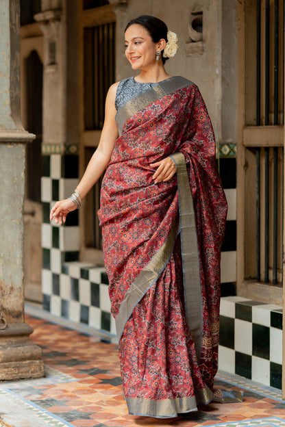 Elegant Ajrakh Print Silk Blend Saree with Unstitched Blouse