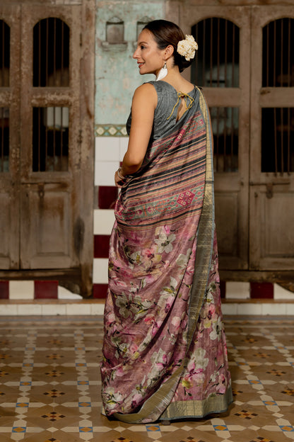 Elegant Floral Print Silk Blend Saree with Unstitched Blouse