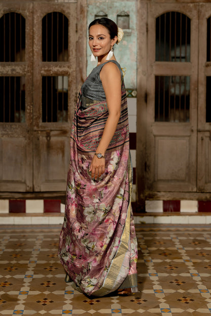 Elegant Floral Print Silk Blend Saree with Unstitched Blouse