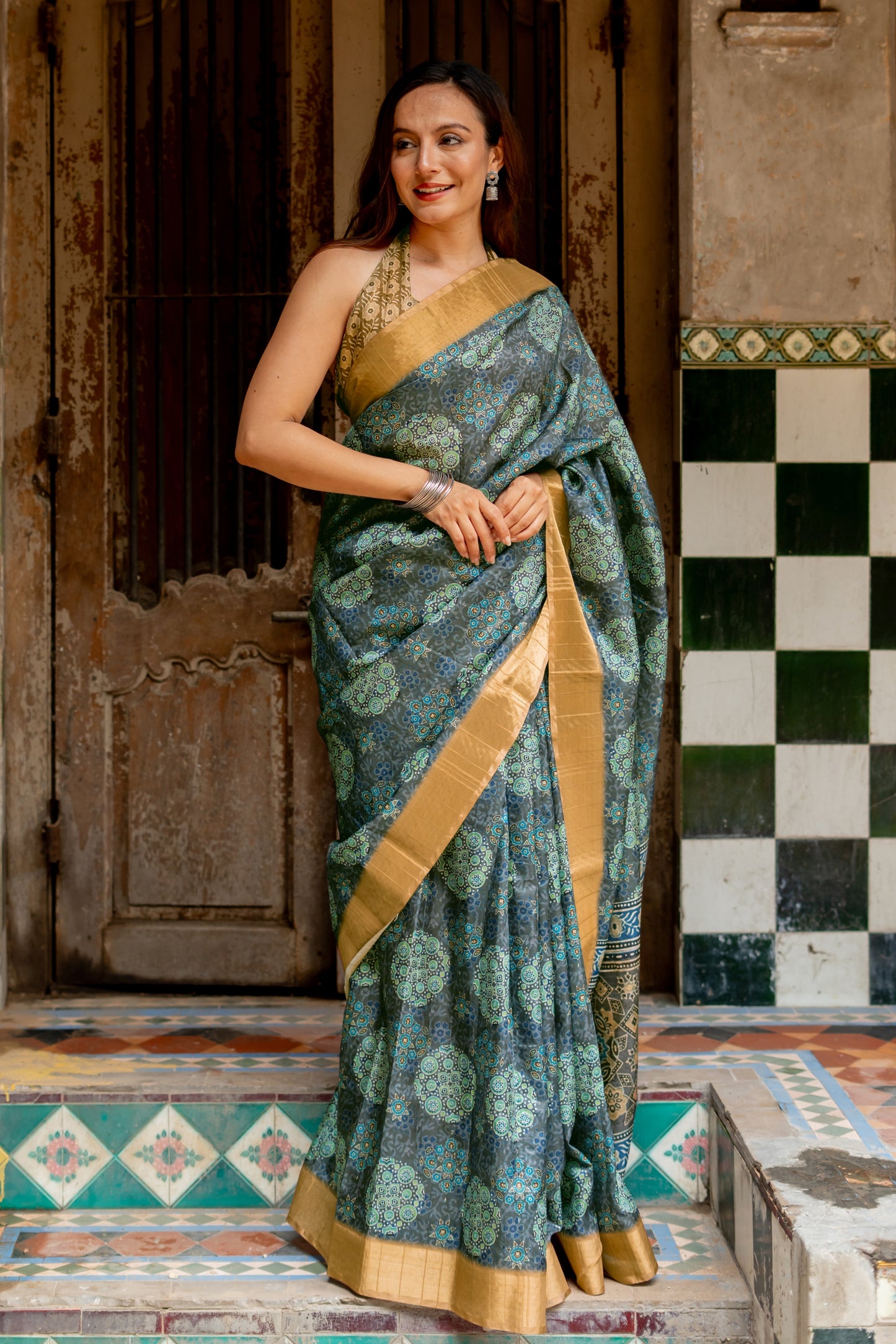 Elegant Ajrakh Print Silk Blend Saree with Unstitched Blouse