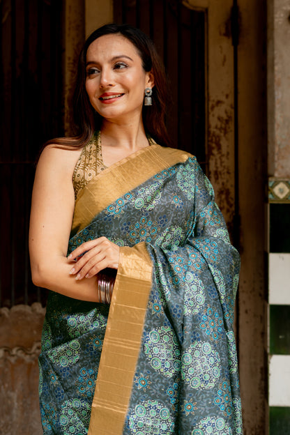 Elegant Ajrakh Print Silk Blend Saree with Unstitched Blouse