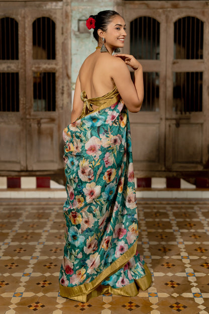 Elegant Floral Print Silk Blend Saree with Unstitched Blouse