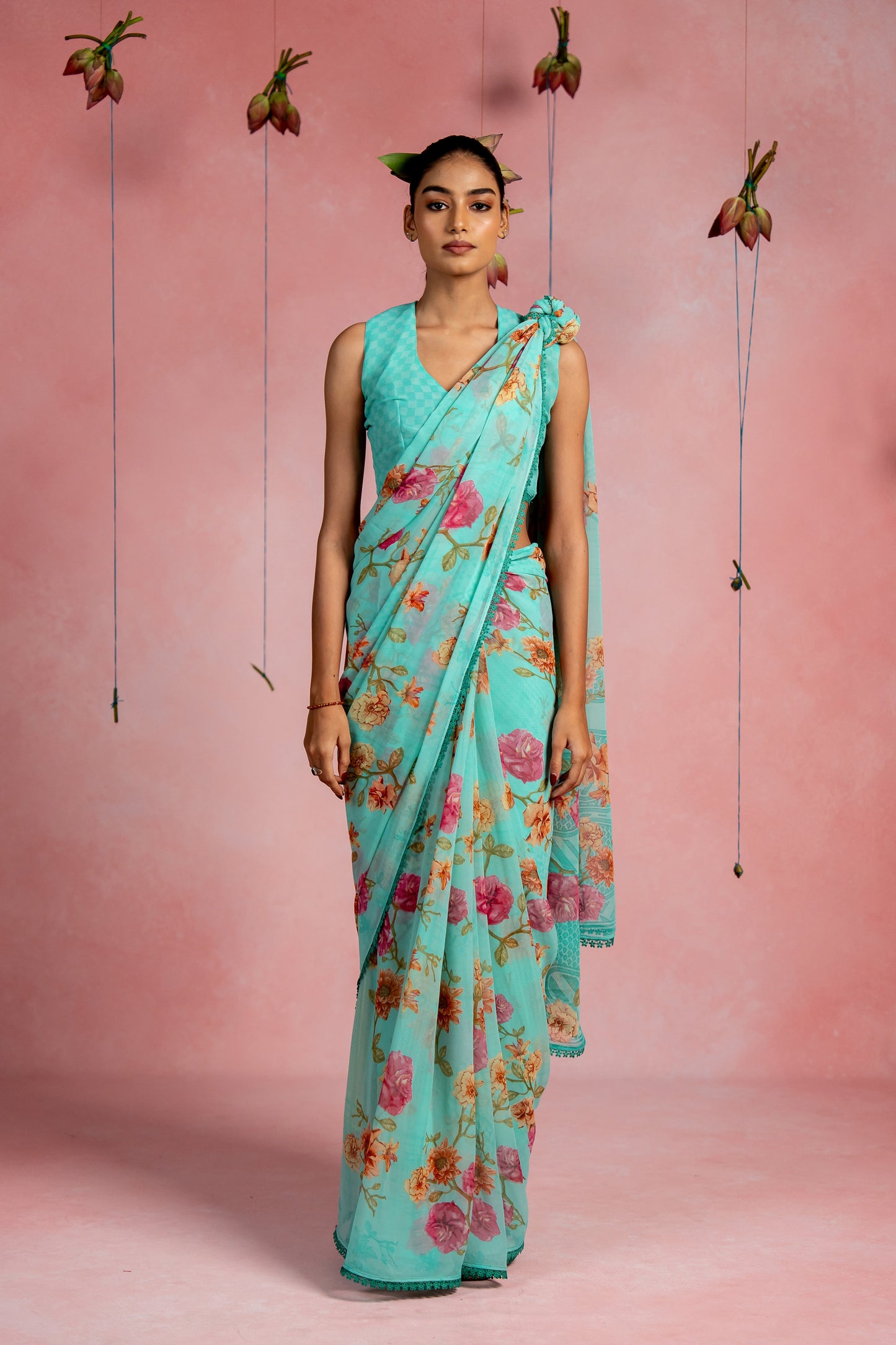 Women's Georgette Floral Printed crochet lace Saree with Unstitched Blouse