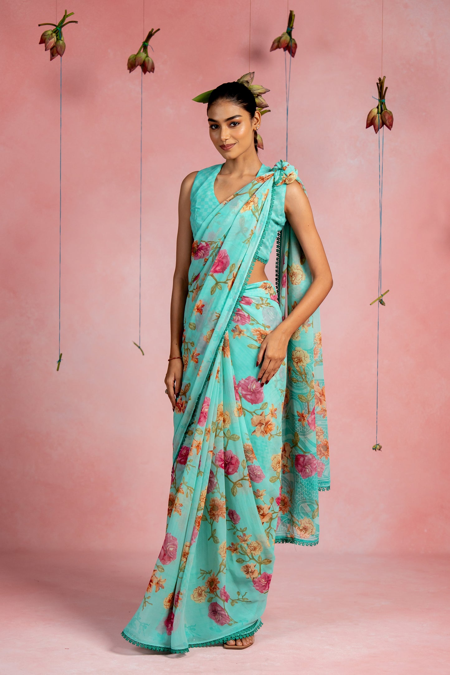 Women's Georgette Floral Printed crochet lace Saree with Unstitched Blouse