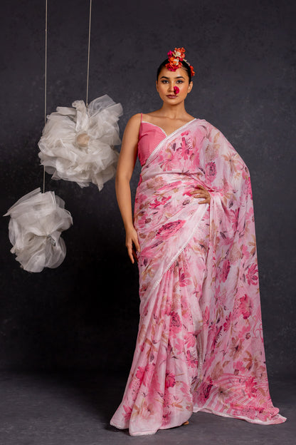 Women Chiffon Floral Printed crochet saree with Unstitched Blouse