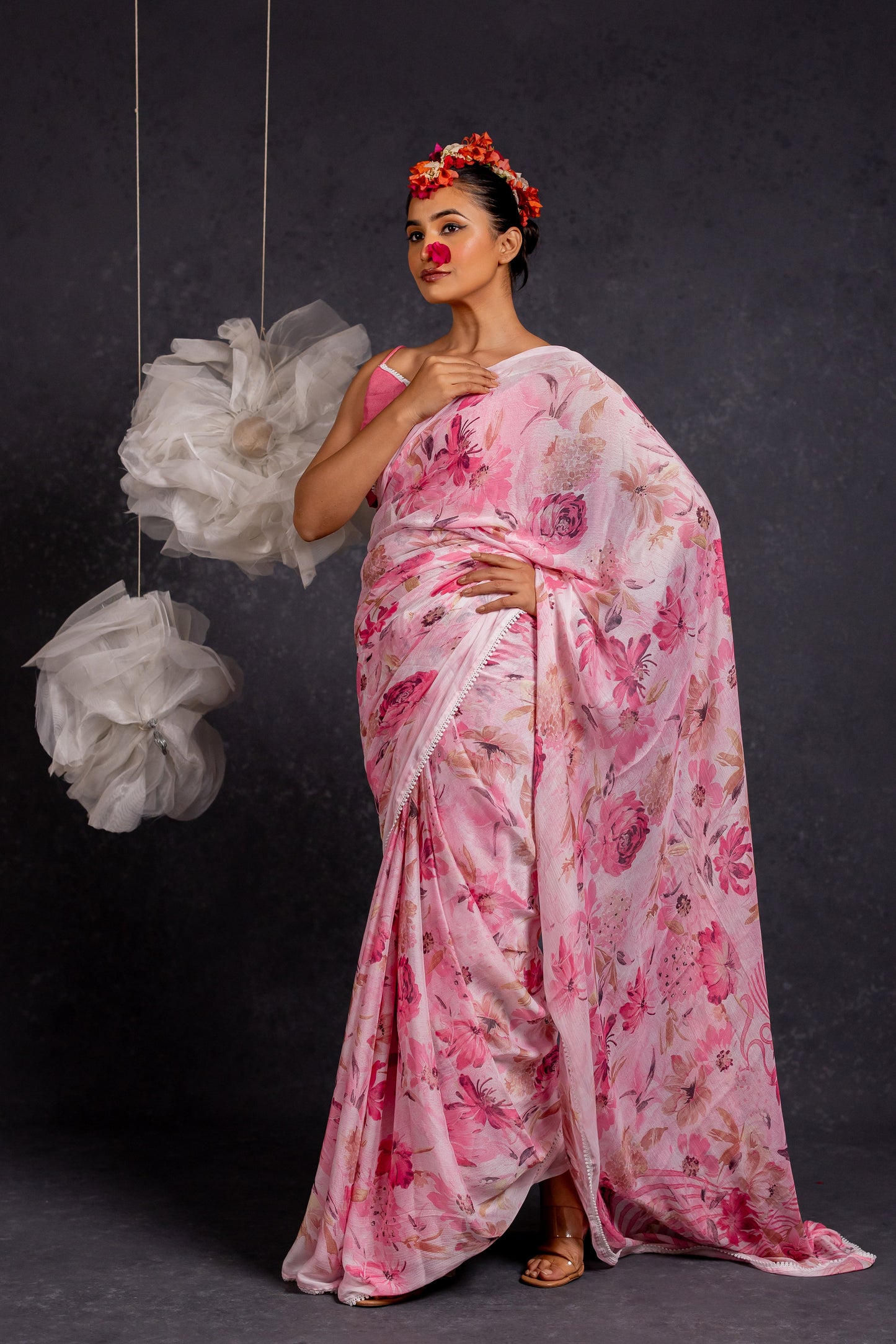 Women Chiffon Floral Printed crochet saree with Unstitched Blouse