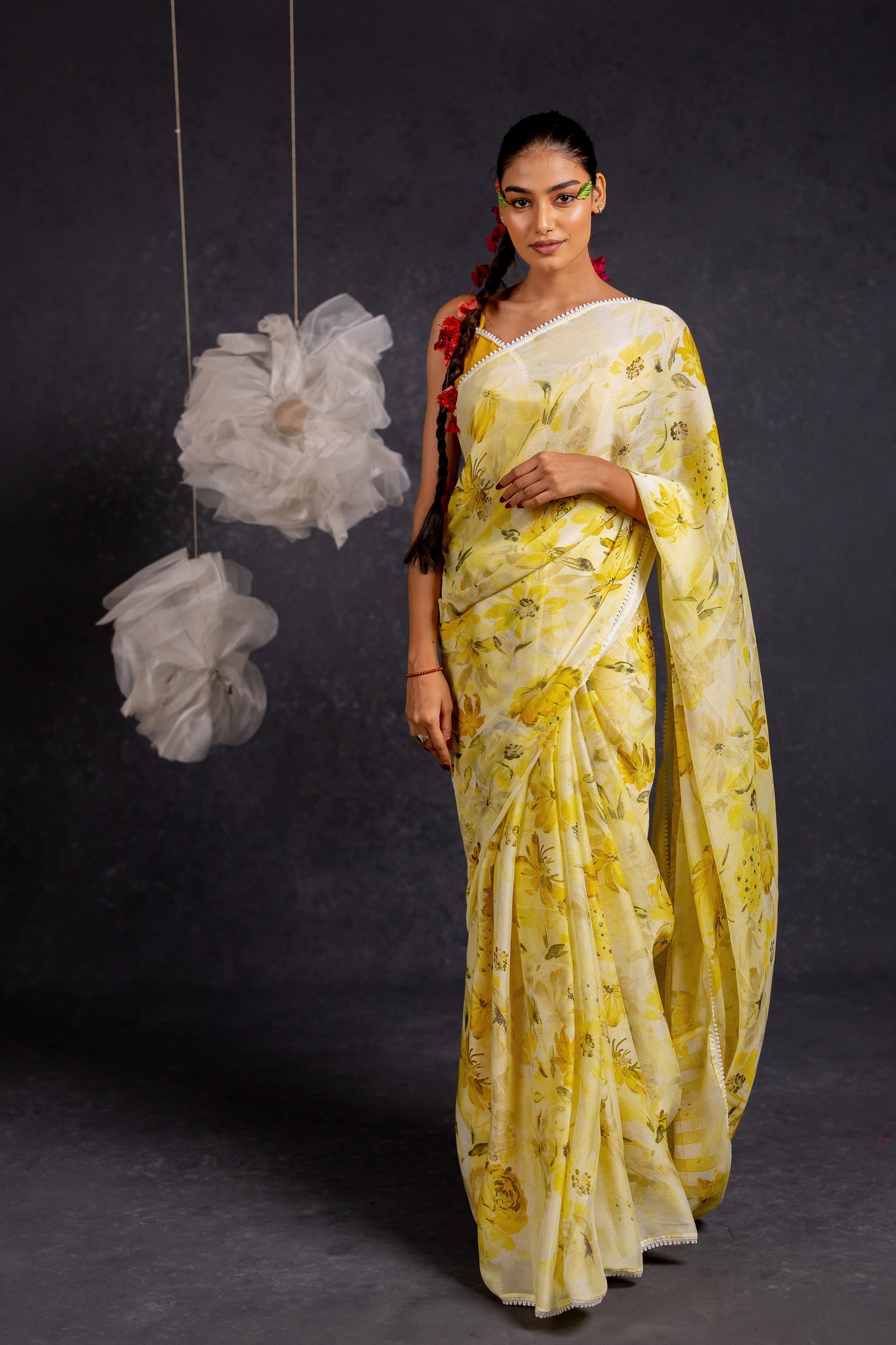 Women Chiffon Floral Printed crochet saree with Unstitched Blouse