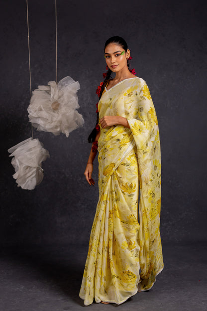 Women Chiffon Floral Printed crochet saree with Unstitched Blouse