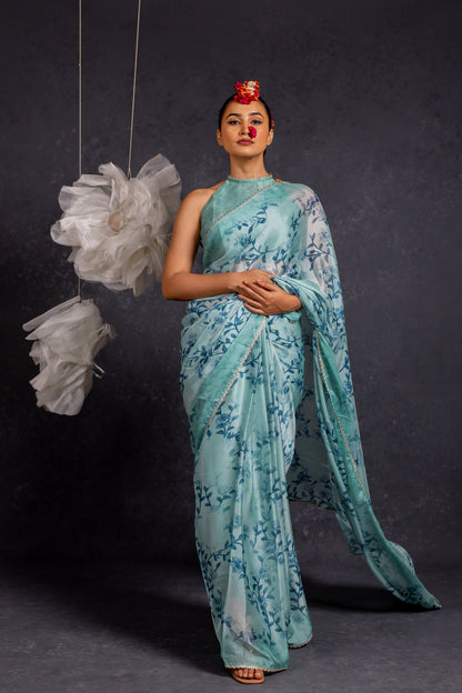 Women's Chiffon Floral Printed Lace Applique Saree with Unstitched Blouse