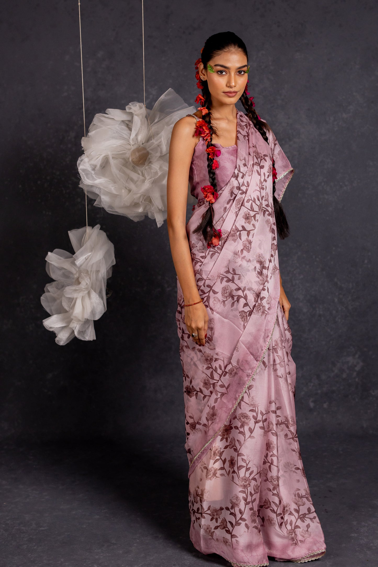 Women's Chiffon Floral Printed Lace Applique Saree with Unstitched Blouse