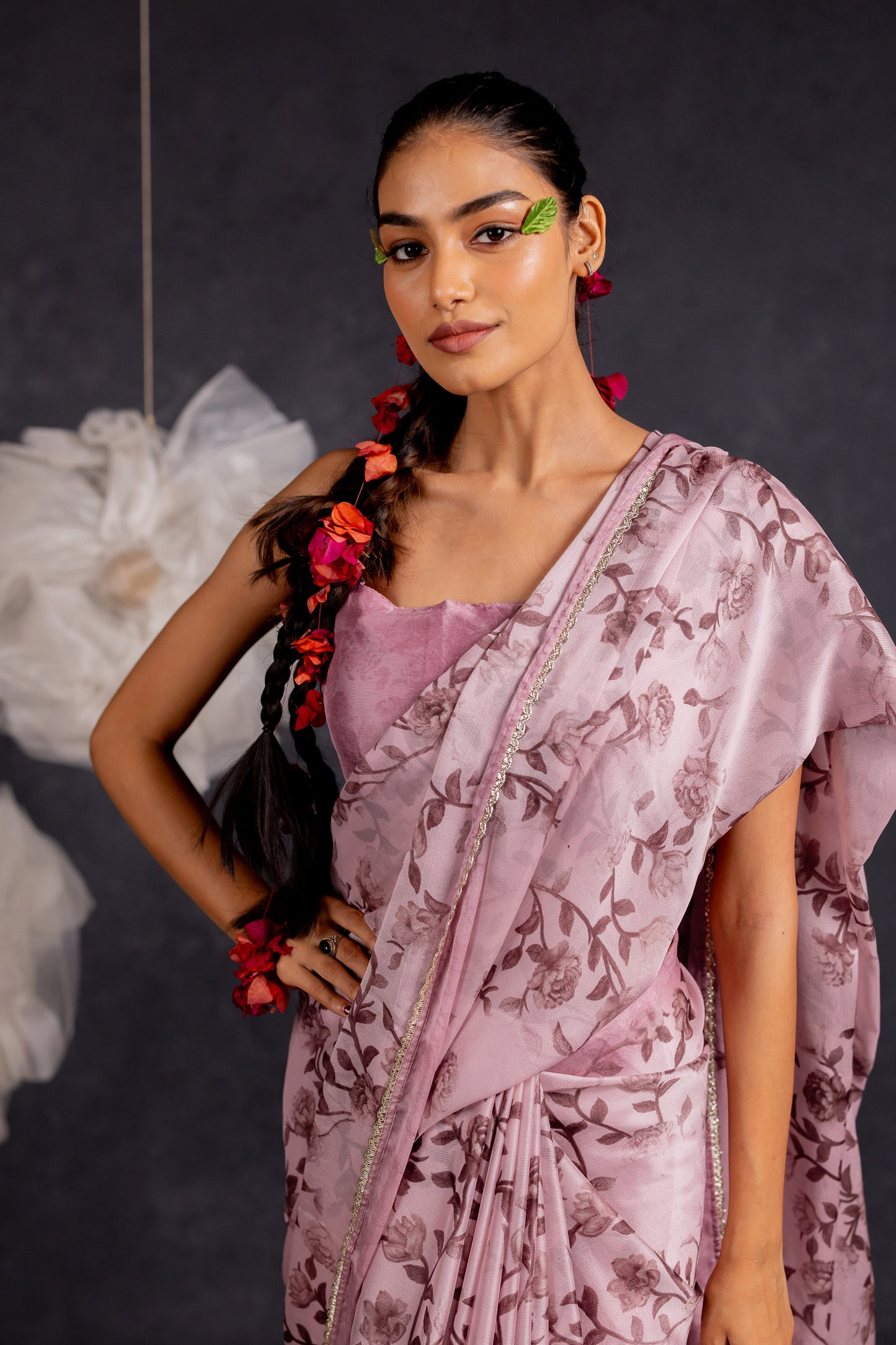 Women's Chiffon Floral Printed Lace Applique Saree with Unstitched Blouse