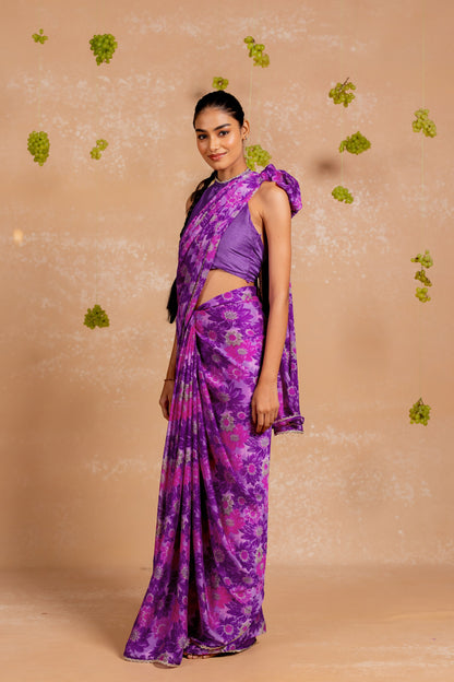 Women's Chiffon Floral Printed lace applique Saree with Unstitched Blouse