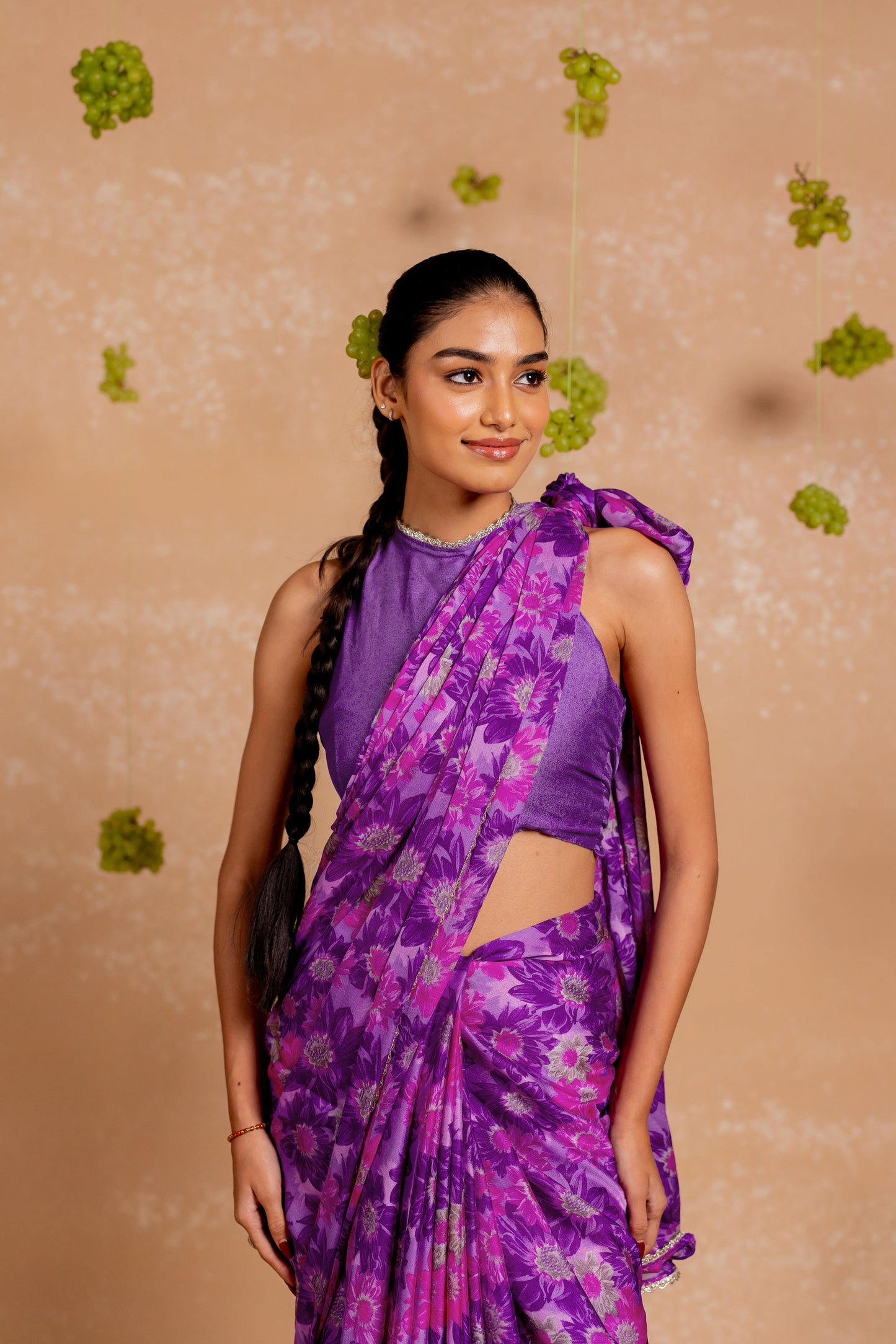 Women's Chiffon Floral Printed lace applique Saree with Unstitched Blouse