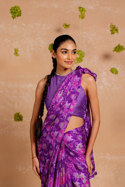 Women's Chiffon Floral Printed lace applique Saree with Unstitched Blouse