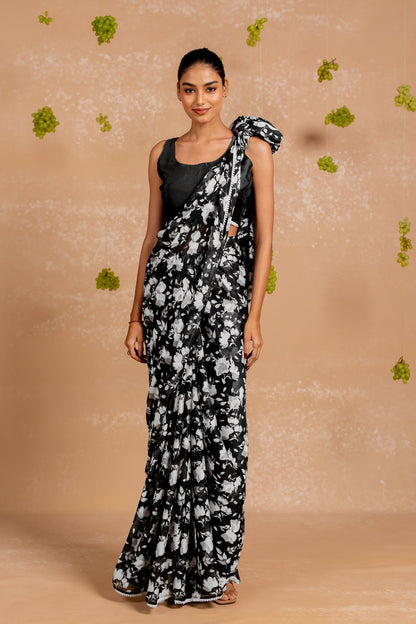 Women's Chiffon Floral Printed with crochet lace Saree