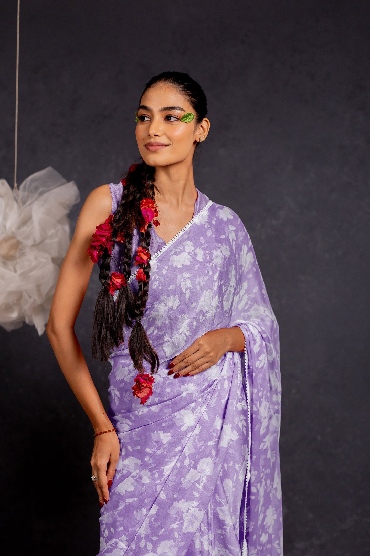 Women's Chiffon Floral Printed with crochet lace Saree