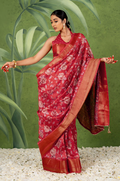 Elegant Floral Printed Art Silk Saree With Unstitched Blouse Piece