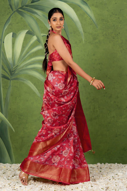 Elegant Floral Printed Art Silk Saree With Unstitched Blouse Piece