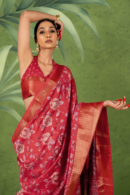 Elegant Floral Printed Art Silk Saree With Unstitched Blouse Piece