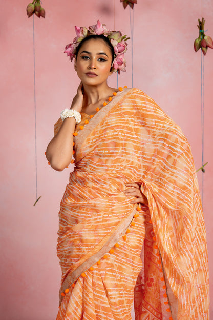 Beautiful Stripe & Geometric Printed Cotton Saree with Unstitched Blouse