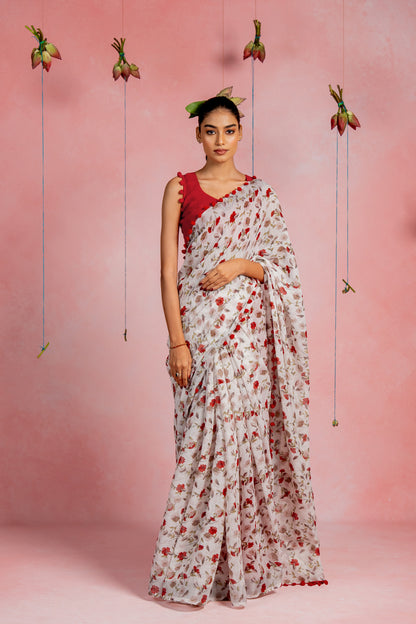 Beautiful Floral Printed Cotton Saree with Unstitched Blouse