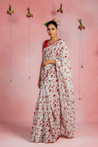 Beautiful Floral Printed Cotton Saree with Unstitched Blouse