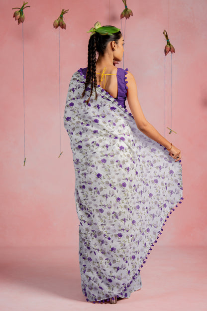 Beautiful Floral Printed Cotton Saree with Unstitched Blouse