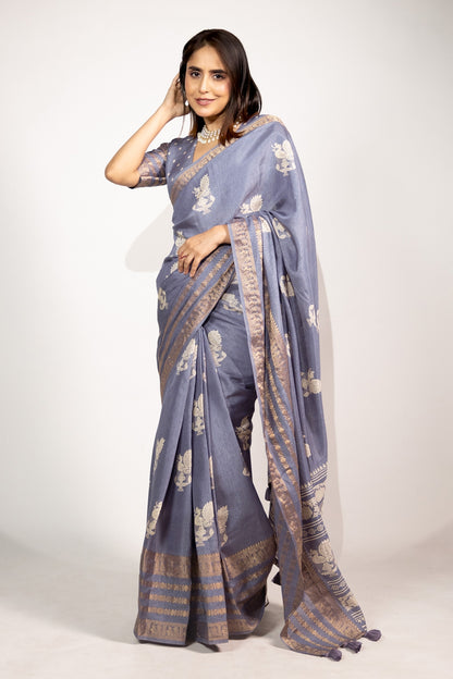 Beautiful Cotton Silk Peacock Block Print Saree With Unstitched Blouse