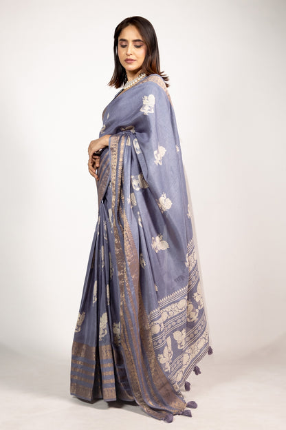 Beautiful Cotton Silk Peacock Block Print Saree With Unstitched Blouse