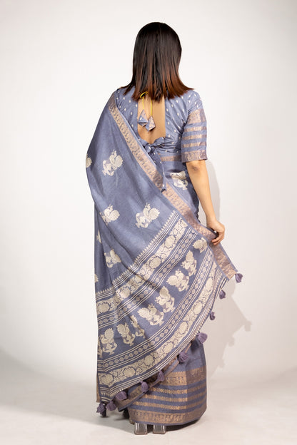Beautiful Cotton Silk Peacock Block Print Saree With Unstitched Blouse