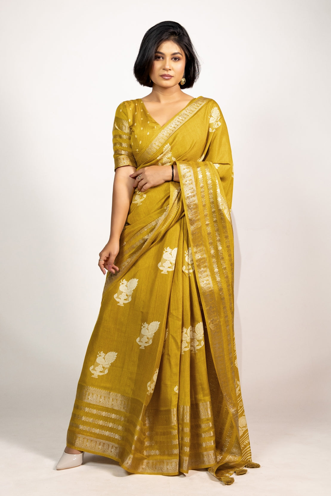 Beautiful Cotton Silk Peacock Block Print Saree With Unstitched Blouse