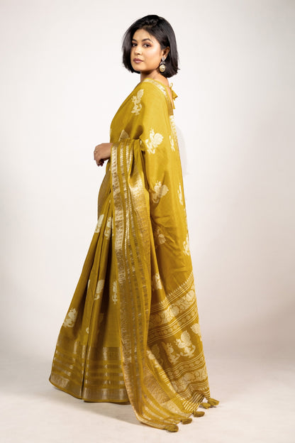 Beautiful Cotton Silk Peacock Block Print Saree With Unstitched Blouse