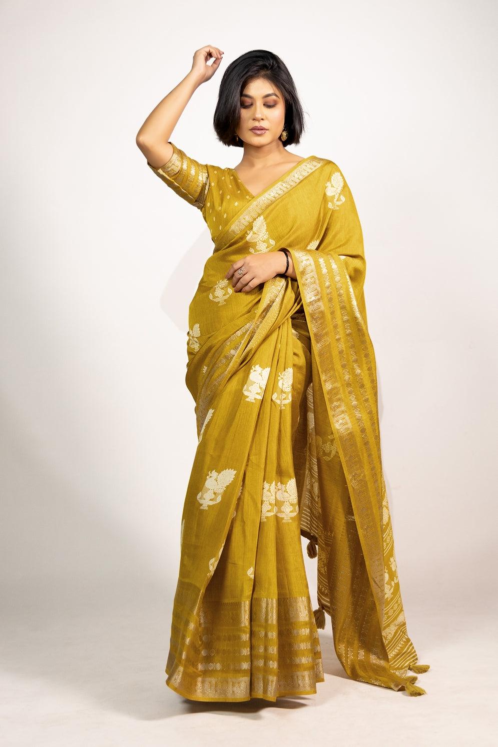 Beautiful Cotton Silk Peacock Block Print Saree With Unstitched Blouse