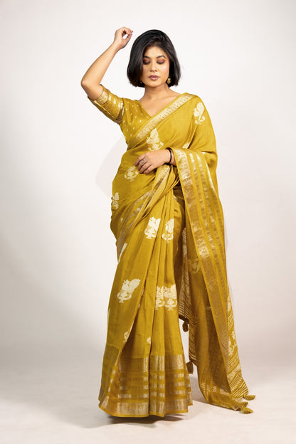 Beautiful Cotton Silk Peacock Block Print Saree With Unstitched Blouse