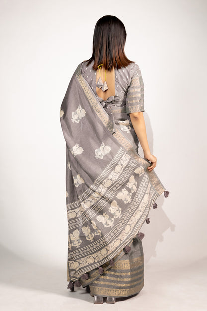 Beautiful Cotton Silk Peacock Block Print Saree With Unstitched Blouse