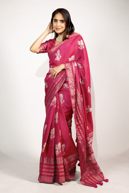 Beautiful Cotton Silk Peacock Block Print Saree With Unstitched Blouse