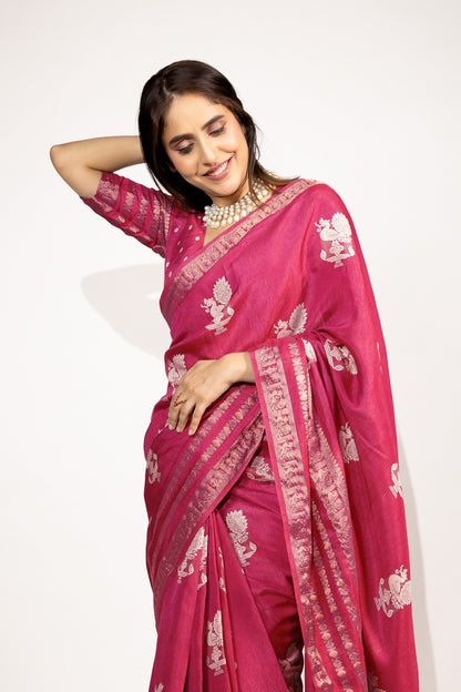 Beautiful Cotton Silk Peacock Block Print Saree With Unstitched Blouse