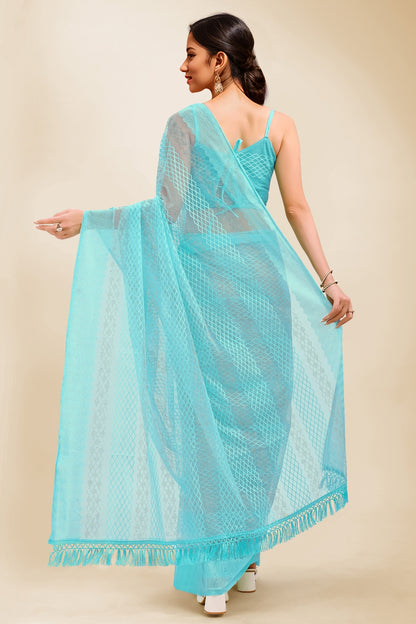 Trendy Thread Embroidred Net Saree