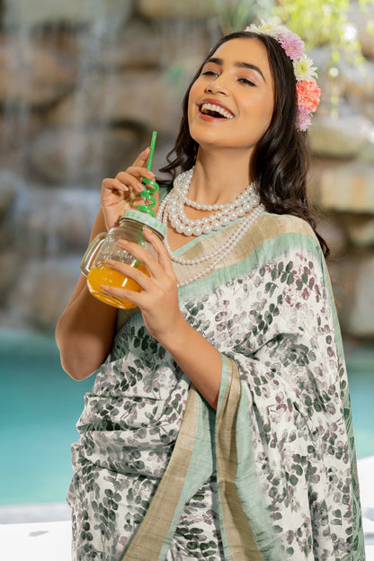 Latest Silk Blend,Cotton Silk Abstract Print Saree With Unstitched Blouse