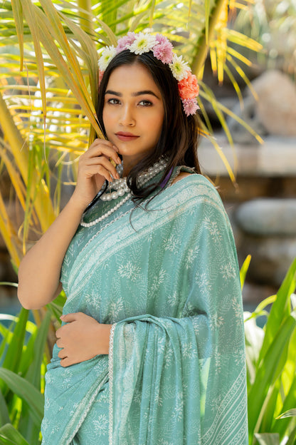 Trendy Chiffon Floral Foil Print With Lace Border Saree With Unstitched Blouse