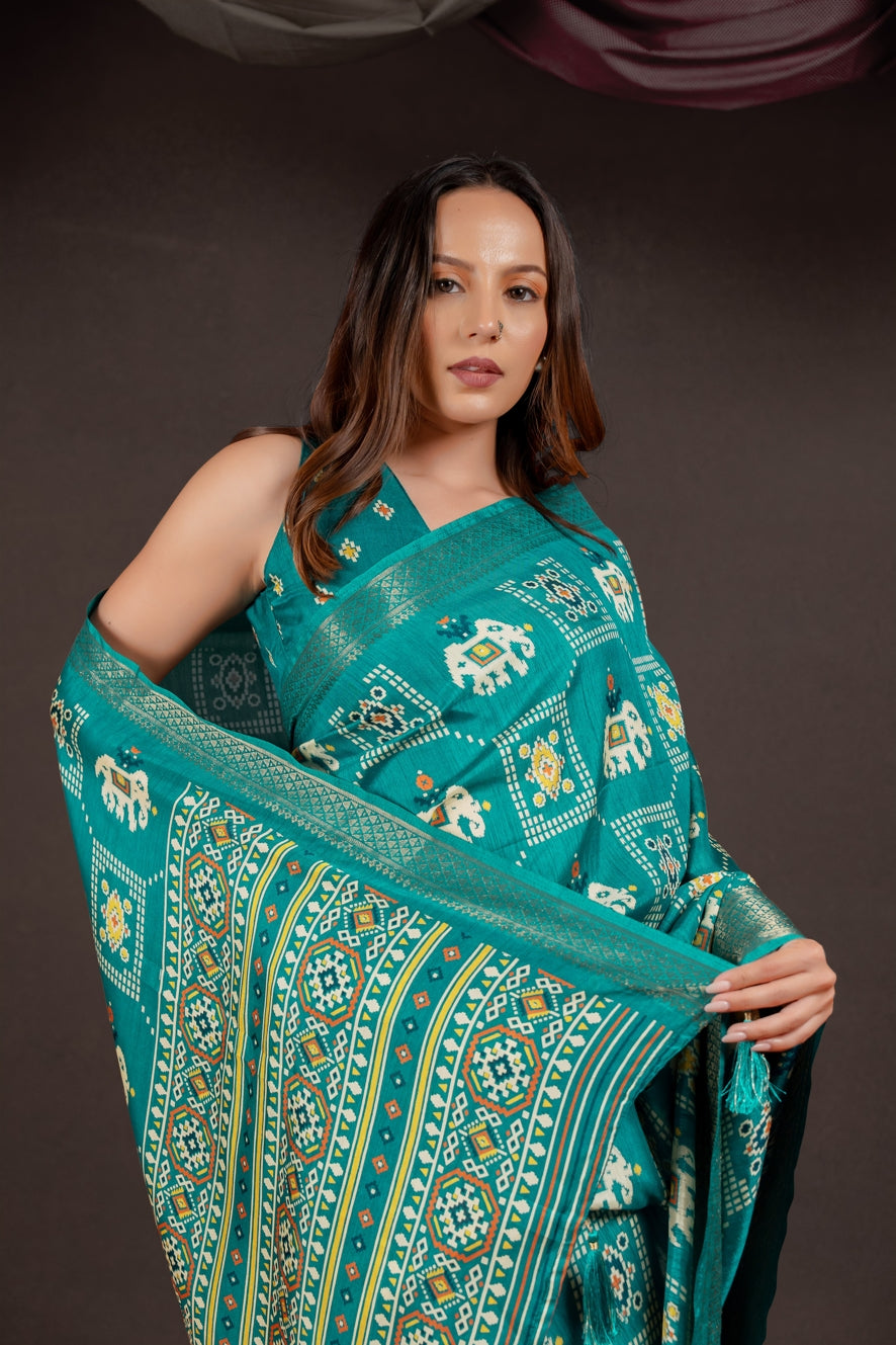 Latest Cotton Silk Patola Print Saree With Unstitched Blouse